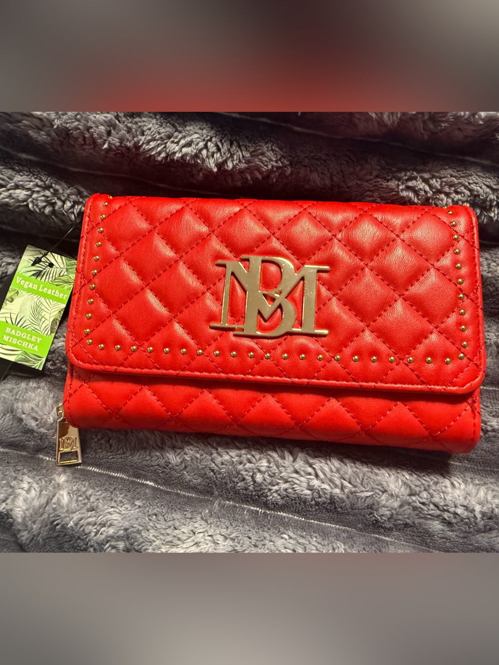 NWT Badgley Mischka Red Quilted Crossbody Wallet with Gold Logo